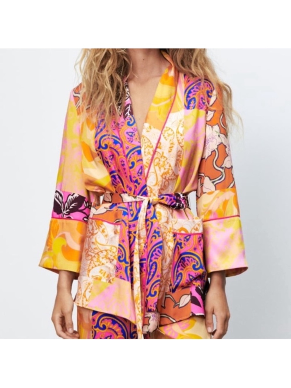 Zara Belted Multicolor Printed Kimono Jacket XS Oversized